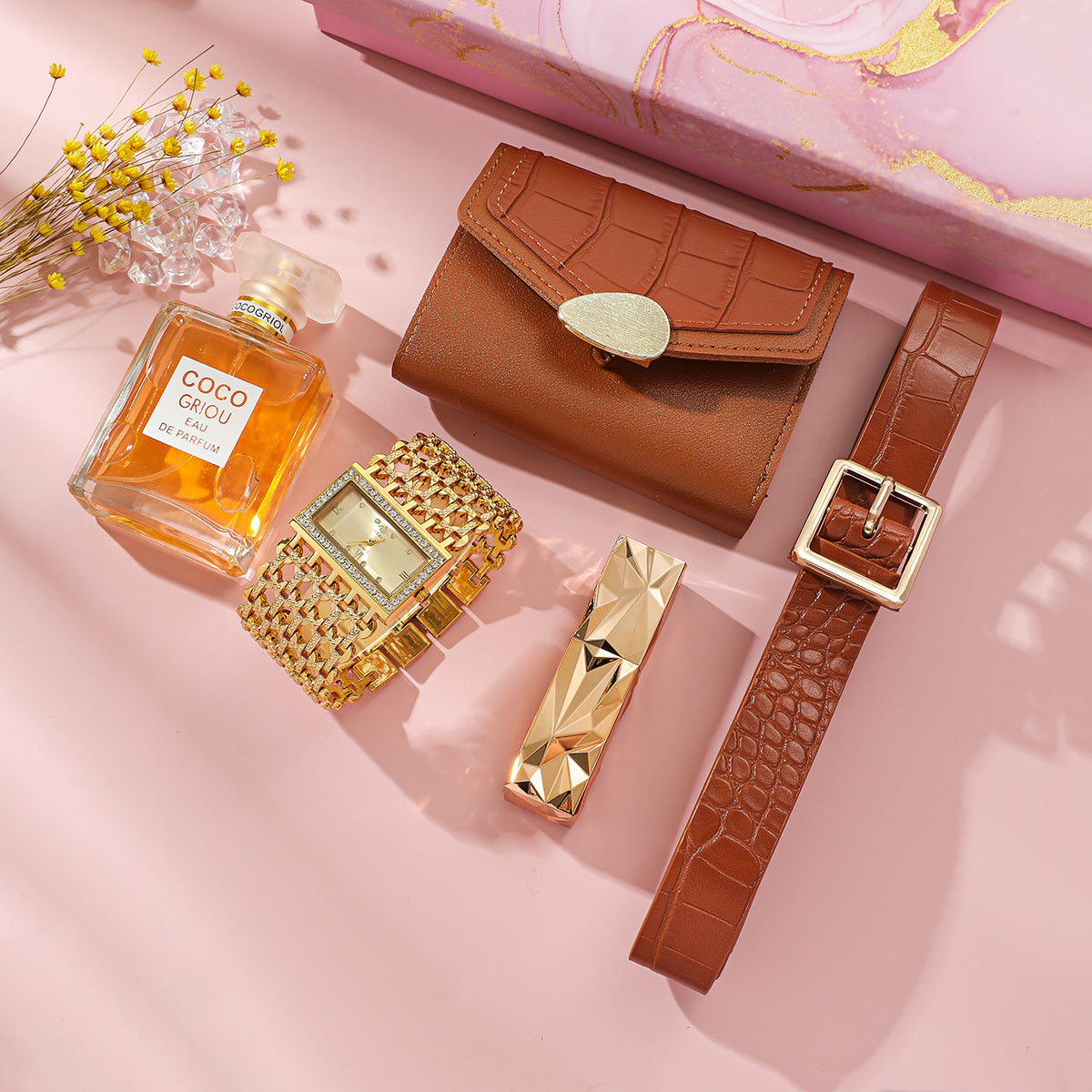 Ultimate 5-Piece Beauty Gift Box: Watch + Perfume + Lipstick + Wallet + Belt