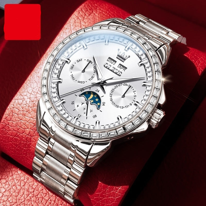 Men's 41mm Diamond Automatic Watch: Moon Phase | Full Calendar | OLEVS 6695