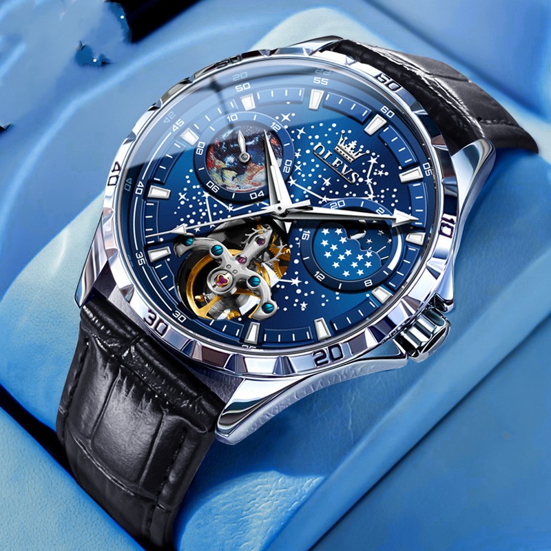 Men's Starry Sky Mechanical Watch – Skeleton Hollow Automatic with Transparent Caseback